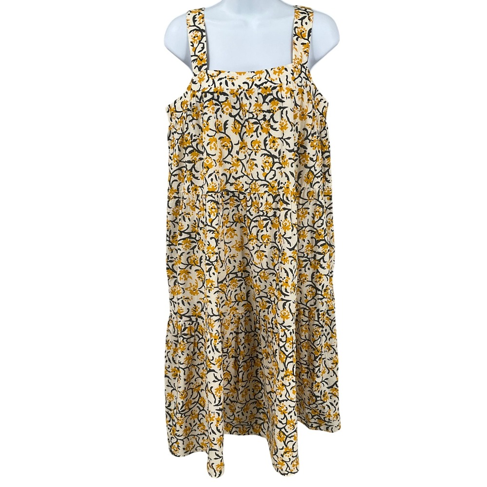 Lilla P Tiered‎ Midi Dress Womens Sz M Yellow Floral Cotton Cottagecore Sundress